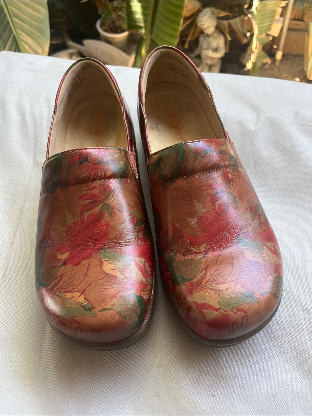 Alegria  Floral Leather Slip-On Clogs in Red and Brown
